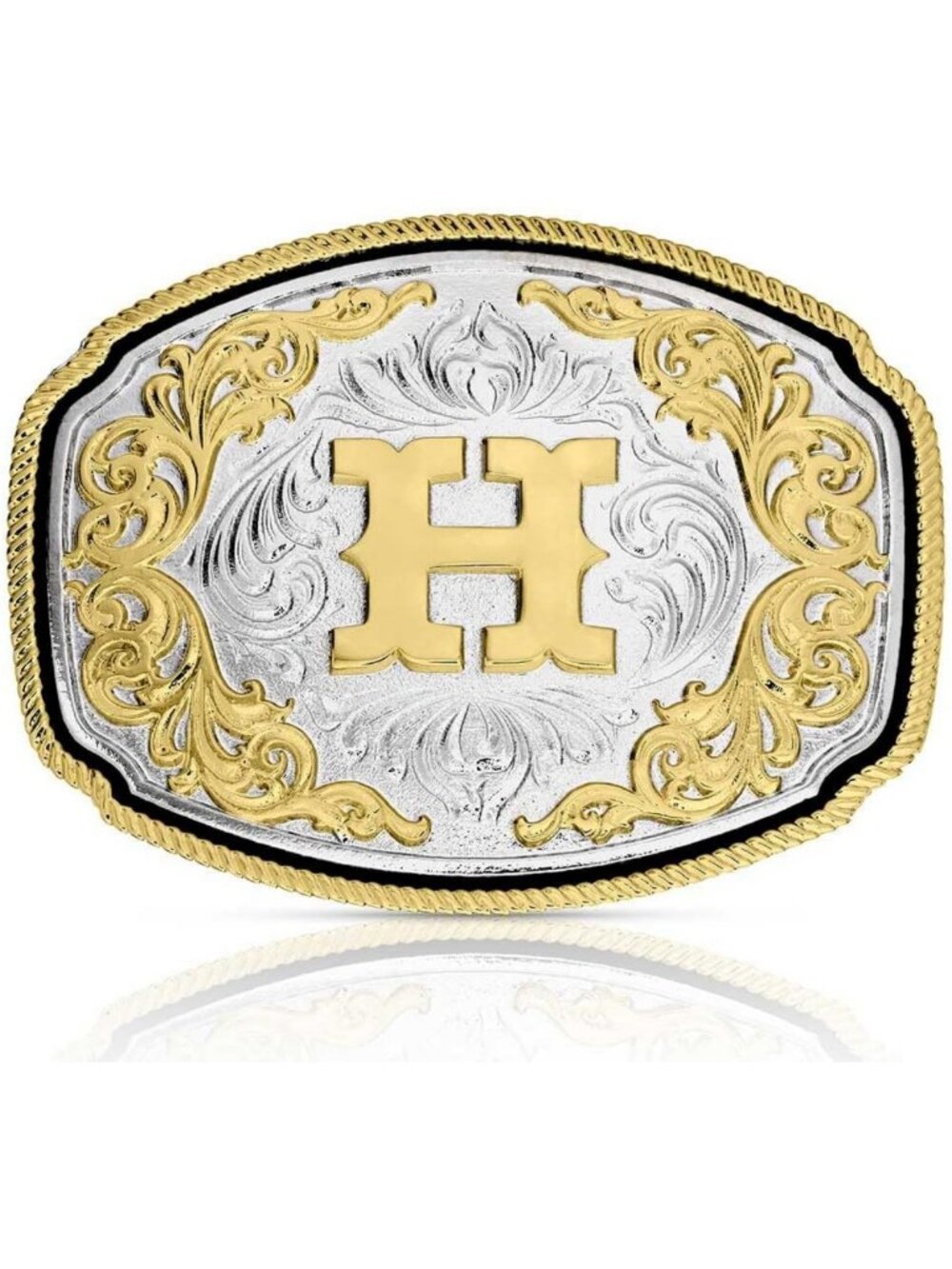 Engraved Filigree Silver & Gold Tone Initial Western Belt Buckle with Rope